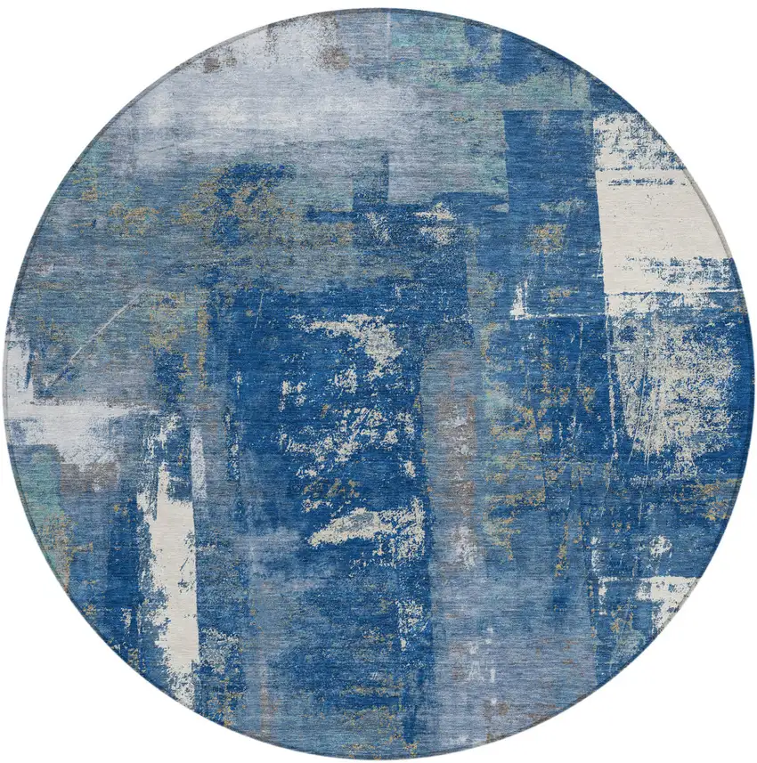 8' Navy Blue And Ivory Round Abstract Washable Indoor Outdoor Area Rug Photo 1