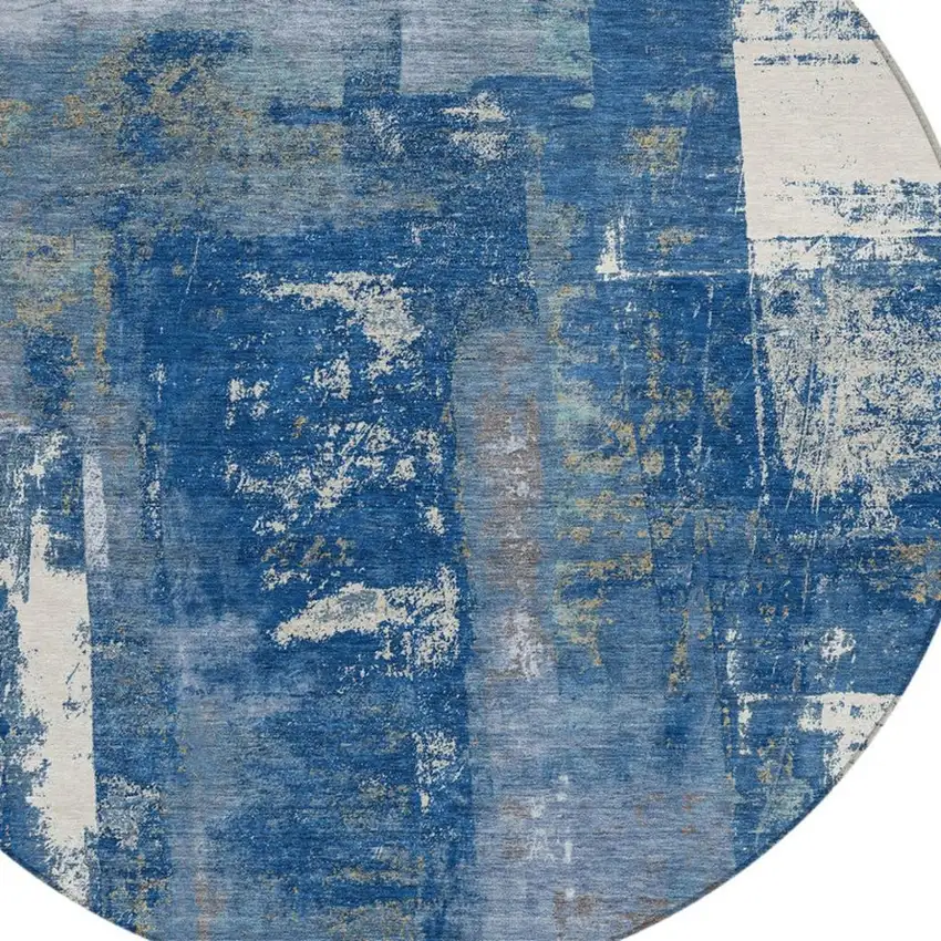 8' Navy Blue And Ivory Round Abstract Washable Indoor Outdoor Area Rug Photo 4