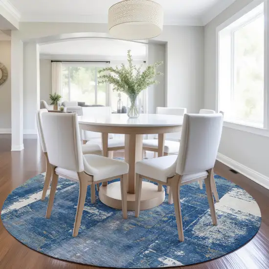 8' Navy Blue And Ivory Round Abstract Washable Indoor Outdoor Area Rug Photo 6