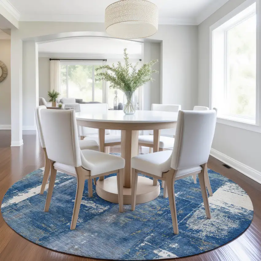 8' Navy Blue And Ivory Round Abstract Washable Indoor Outdoor Area Rug Photo 6