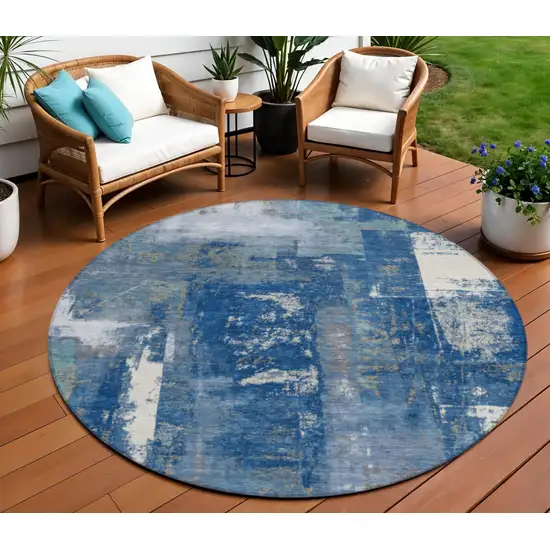 8' Navy Blue And Ivory Round Abstract Washable Indoor Outdoor Area Rug Photo 2