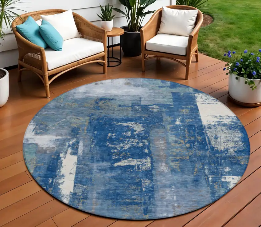 8' Navy Blue And Ivory Round Abstract Washable Indoor Outdoor Area Rug Photo 2