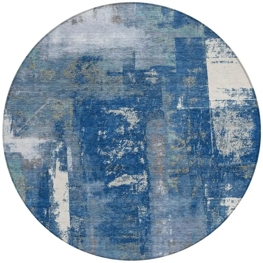 8' Navy Blue And Ivory Round Abstract Washable Indoor Outdoor Area Rug Photo 3