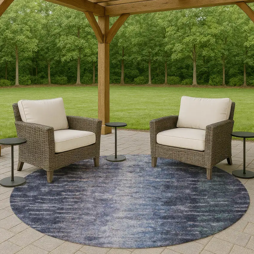 8' Navy Blue And Ivory Round Abstract Washable Indoor Outdoor Area Rug Photo 7