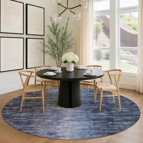 8' Navy Blue And Ivory Round Abstract Washable Indoor Outdoor Area Rug Photo 8