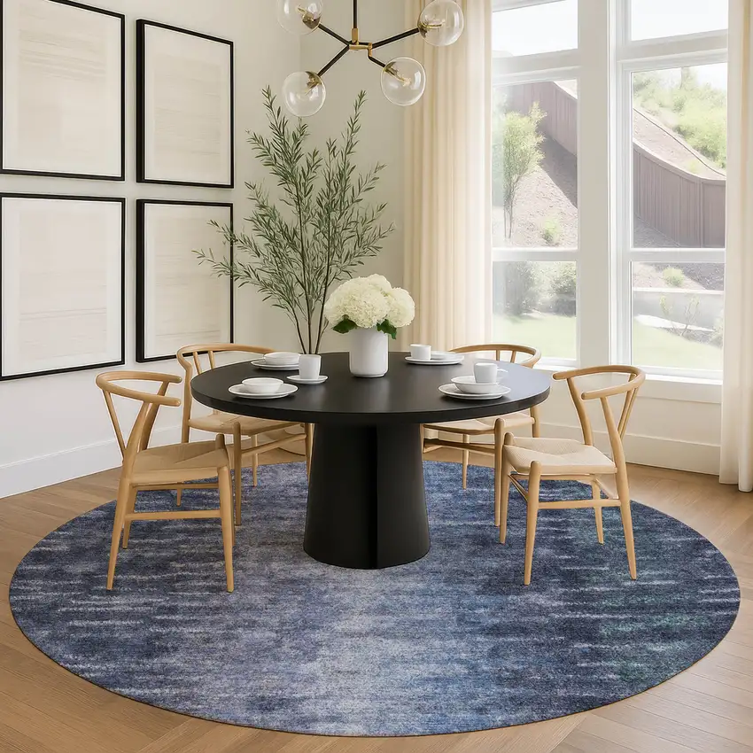 8' Navy Blue And Ivory Round Abstract Washable Indoor Outdoor Area Rug Photo 8