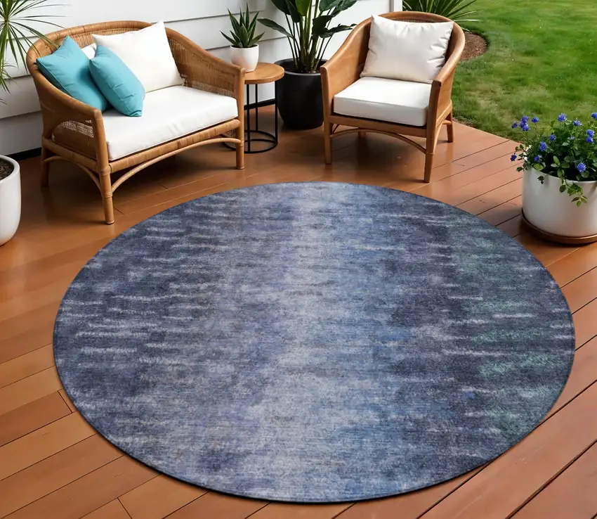 8' Navy Blue And Ivory Round Abstract Washable Indoor Outdoor Area Rug Photo 1