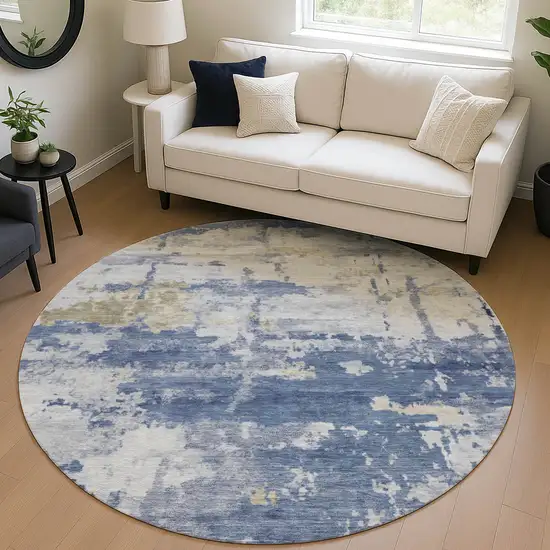 8' Navy Blue And Ivory Round Abstract Washable Indoor Outdoor Area Rug Photo 5
