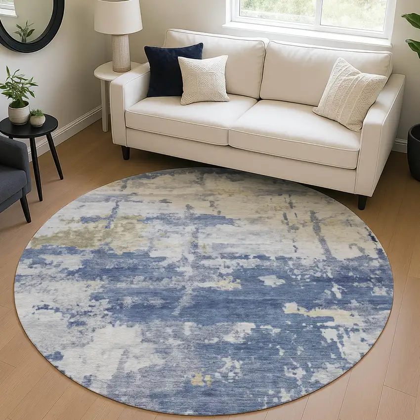 8' Navy Blue And Ivory Round Abstract Washable Indoor Outdoor Area Rug Photo 5