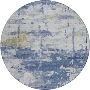 Photo of 8' Navy Blue And Ivory Round Abstract Washable Indoor Outdoor Area Rug