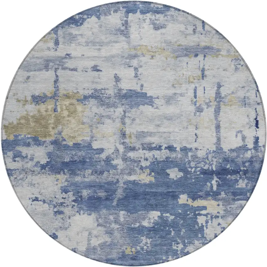 8' Navy Blue And Ivory Round Abstract Washable Indoor Outdoor Area Rug Photo 1