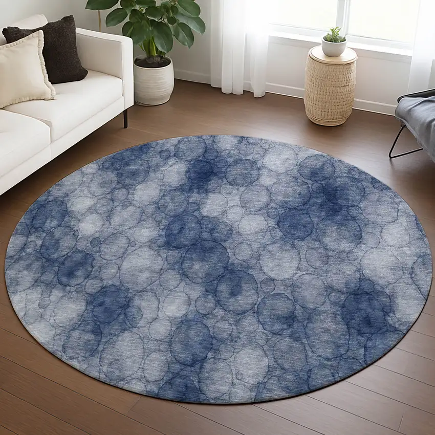 8' Navy Blue And Ivory Round Abstract Washable Indoor Outdoor Area Rug Photo 5