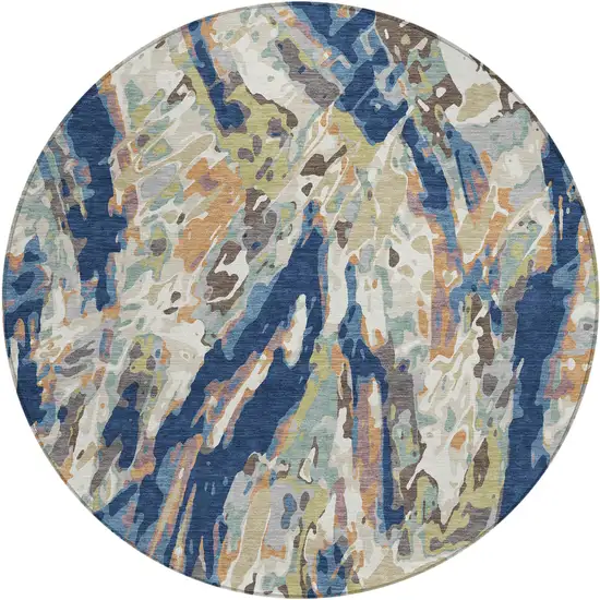 8' Navy Blue And Ivory Round Abstract Washable Indoor Outdoor Area Rug Photo 1