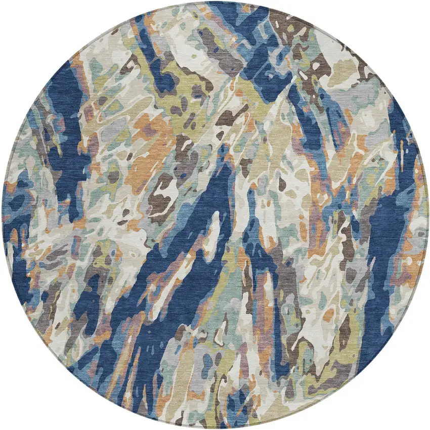 8' Navy Blue And Ivory Round Abstract Washable Indoor Outdoor Area Rug Photo 1