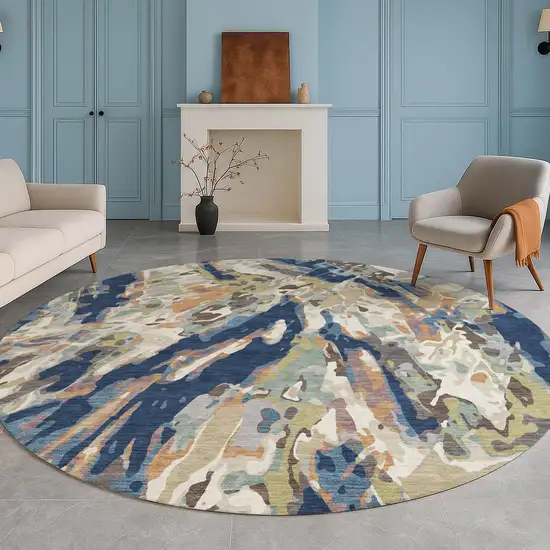 8' Navy Blue And Ivory Round Abstract Washable Indoor Outdoor Area Rug Photo 4