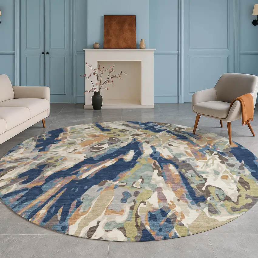 8' Navy Blue And Ivory Round Abstract Washable Indoor Outdoor Area Rug Photo 4