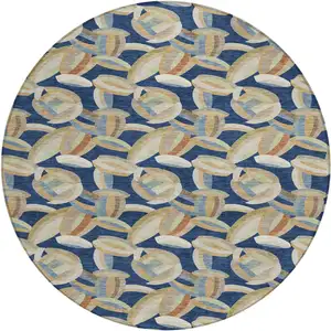 Photo of 8' Navy Blue And Ivory Round Abstract Washable Indoor Outdoor Area Rug
