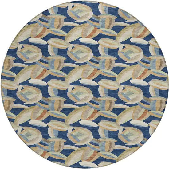 8' Navy Blue And Ivory Round Abstract Washable Indoor Outdoor Area Rug Photo 1
