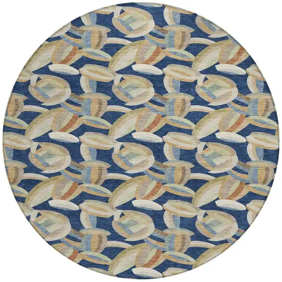 8' Navy Blue And Ivory Round Abstract Washable Indoor Outdoor Area Rug Photo 2