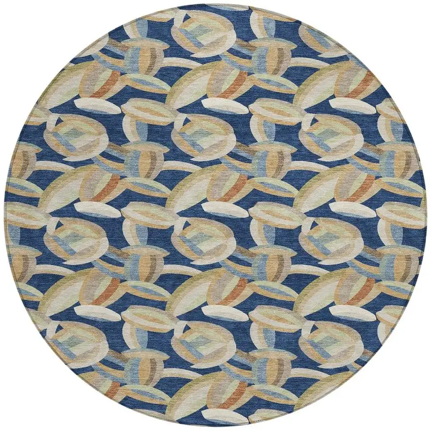 8' Navy Blue And Ivory Round Abstract Washable Indoor Outdoor Area Rug Photo 2
