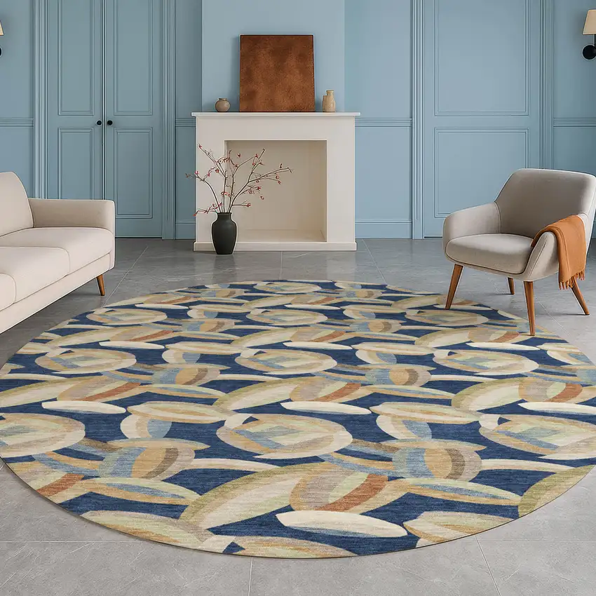 8' Navy Blue And Ivory Round Abstract Washable Indoor Outdoor Area Rug Photo 5