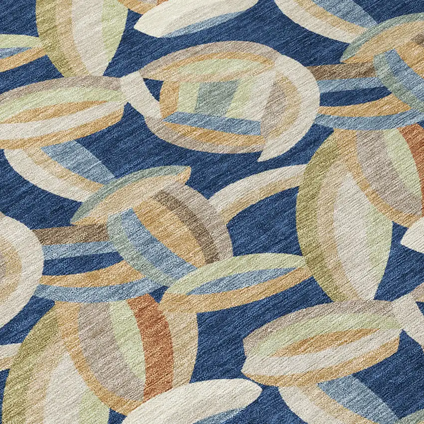 8' Navy Blue And Ivory Round Abstract Washable Indoor Outdoor Area Rug Photo 7