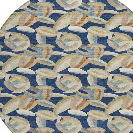 8' Navy Blue And Ivory Round Abstract Washable Indoor Outdoor Area Rug Photo 3