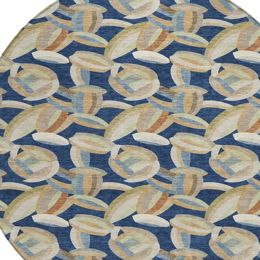 8' Navy Blue And Ivory Round Abstract Washable Indoor Outdoor Area Rug Photo 3