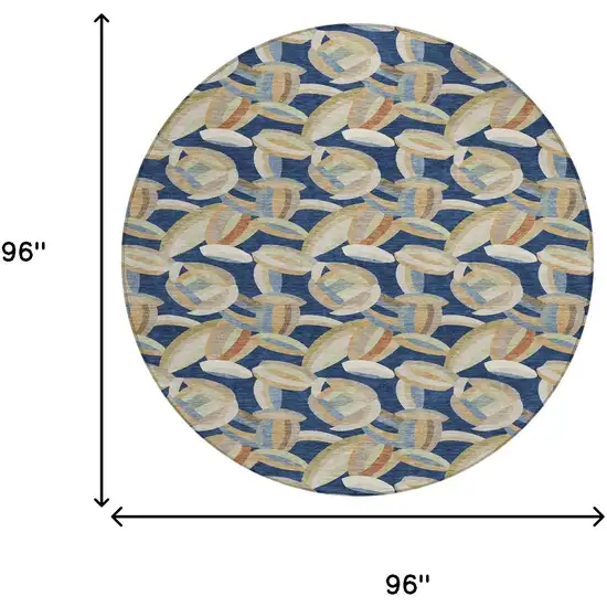 8' Navy Blue And Ivory Round Abstract Washable Indoor Outdoor Area Rug Photo 8