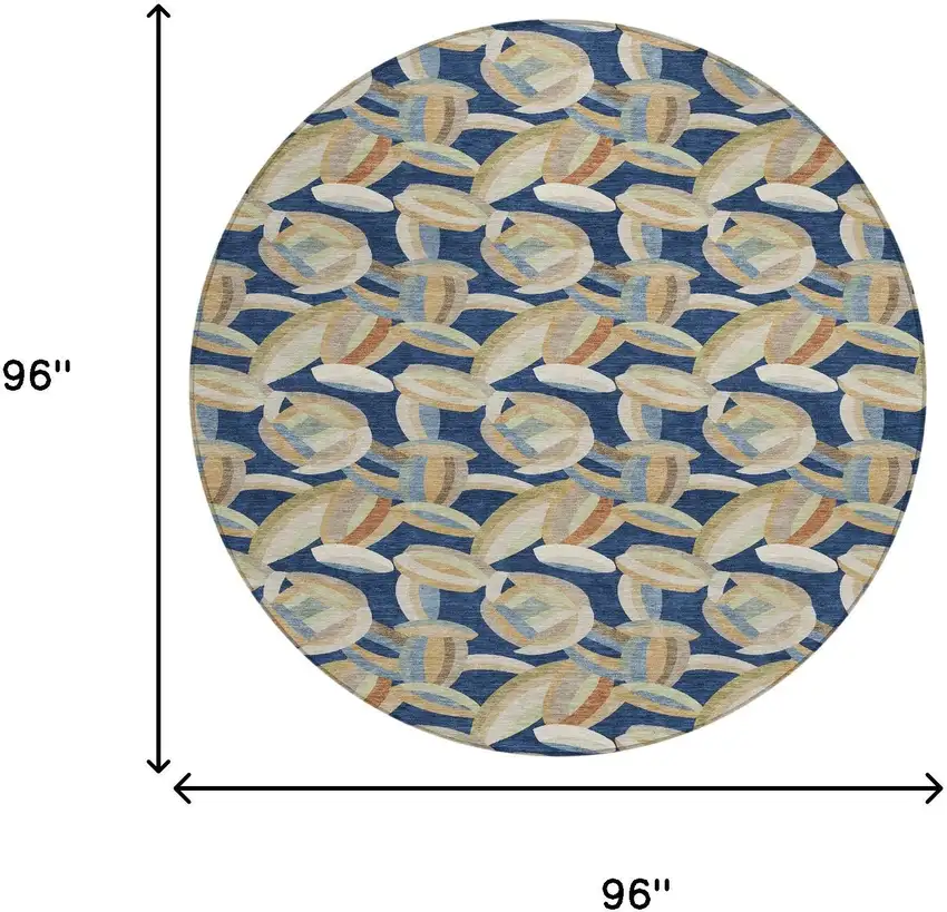 8' Navy Blue And Ivory Round Abstract Washable Indoor Outdoor Area Rug Photo 8