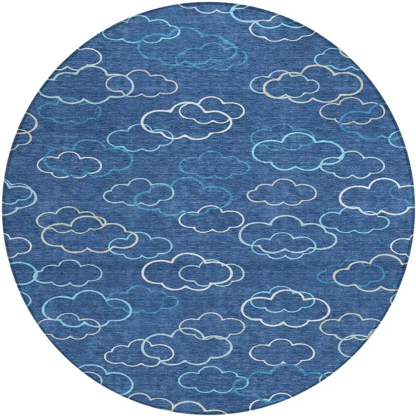 8' Navy Blue And Ivory Round Abstract Washable Indoor Outdoor Area Rug Photo 3