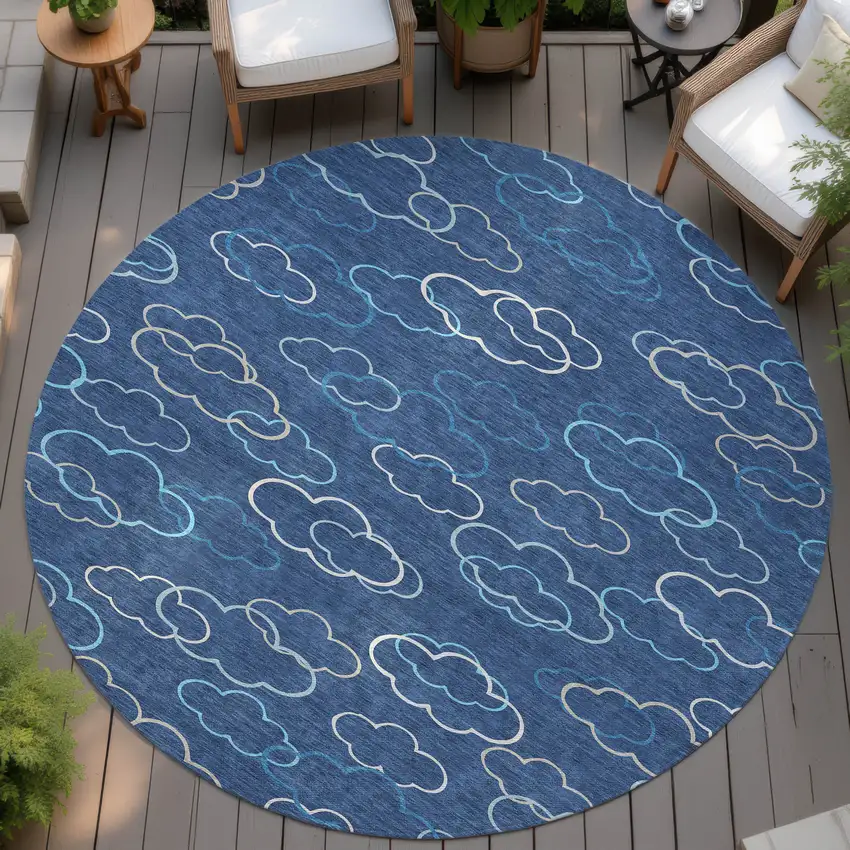 8' Navy Blue And Ivory Round Abstract Washable Indoor Outdoor Area Rug Photo 4