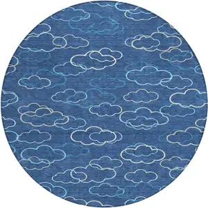 Photo of 8' Navy Blue And Ivory Round Abstract Washable Indoor Outdoor Area Rug