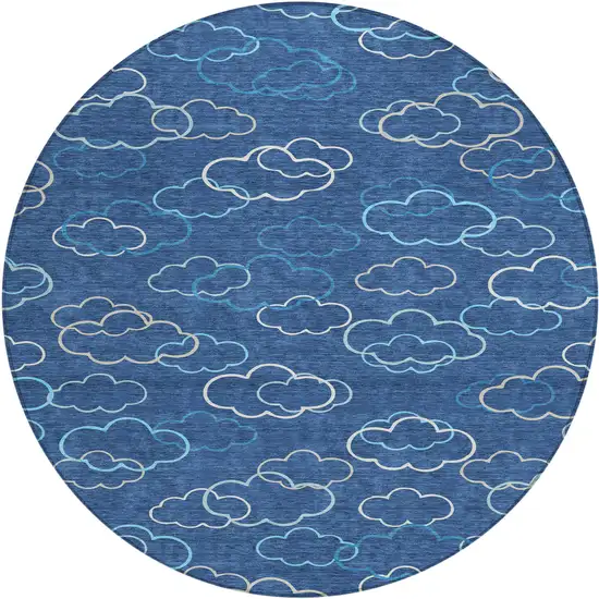 8' Navy Blue And Ivory Round Abstract Washable Indoor Outdoor Area Rug Photo 1