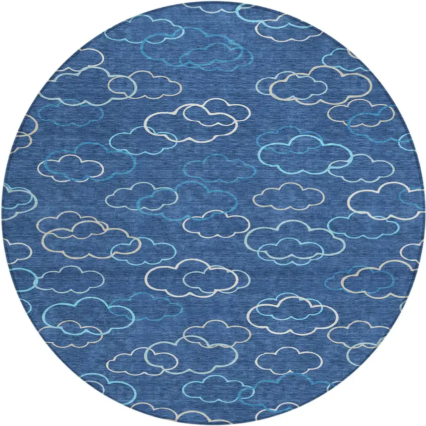 8' Navy Blue And Ivory Round Abstract Washable Indoor Outdoor Area Rug Photo 1