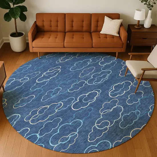 8' Navy Blue And Ivory Round Abstract Washable Indoor Outdoor Area Rug Photo 5