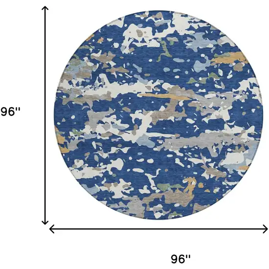 8' Navy Blue And Ivory Round Abstract Washable Indoor Outdoor Area Rug Photo 6