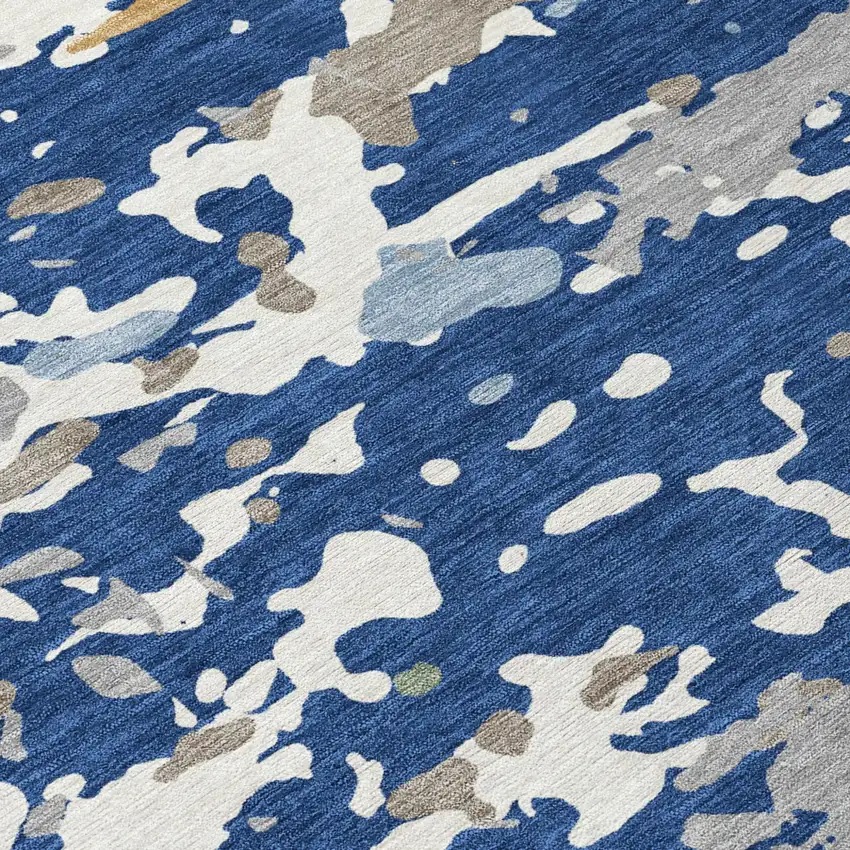 8' Navy Blue And Ivory Round Abstract Washable Indoor Outdoor Area Rug Photo 5