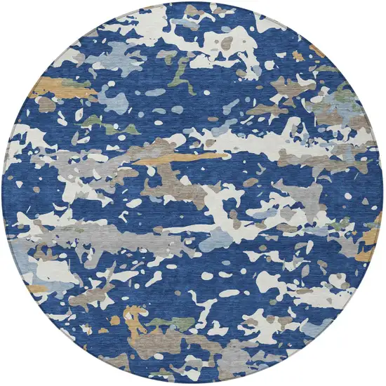 8' Navy Blue And Ivory Round Abstract Washable Indoor Outdoor Area Rug Photo 3