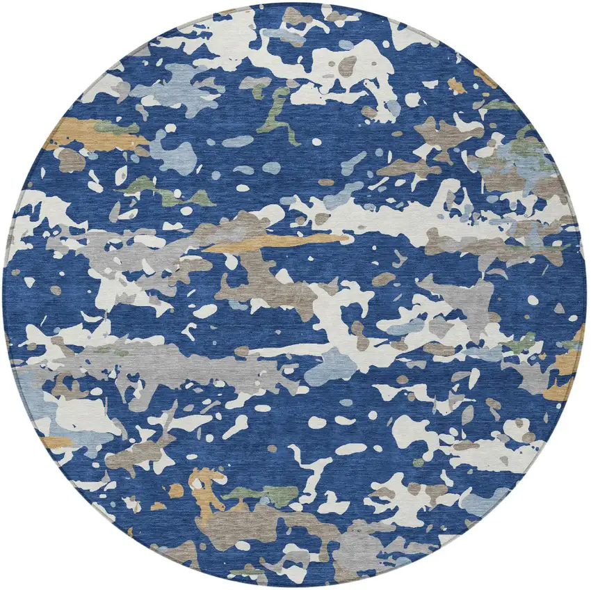 8' Navy Blue And Ivory Round Abstract Washable Indoor Outdoor Area Rug Photo 3