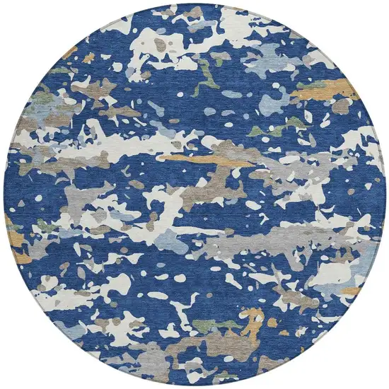8' Navy Blue And Ivory Round Abstract Washable Indoor Outdoor Area Rug Photo 2