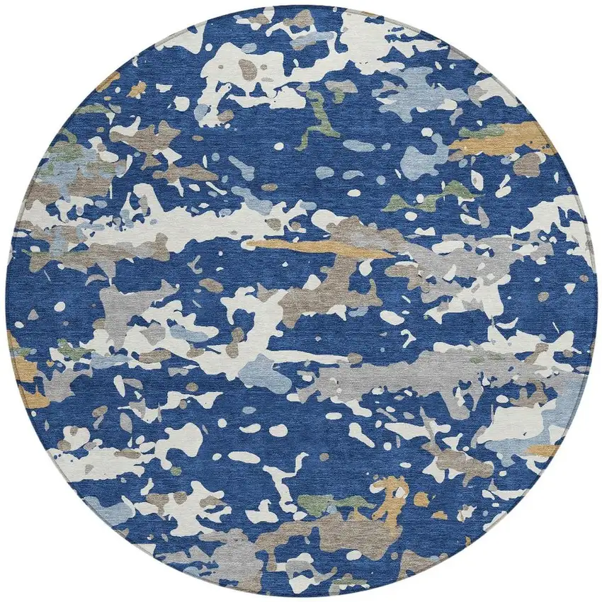 8' Navy Blue And Ivory Round Abstract Washable Indoor Outdoor Area Rug Photo 2