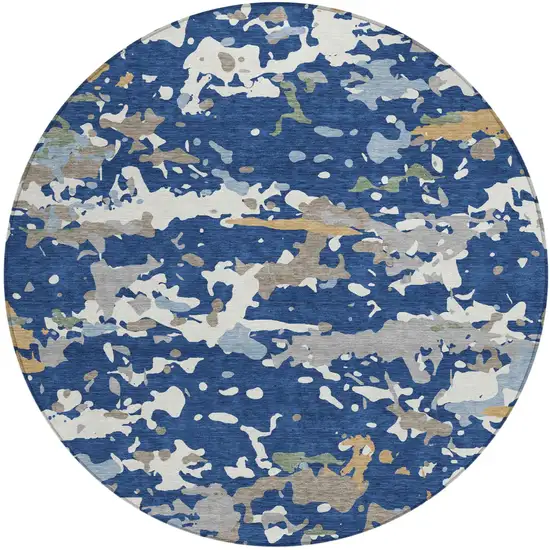 8' Navy Blue And Ivory Round Abstract Washable Indoor Outdoor Area Rug Photo 1