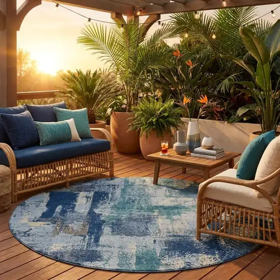 8' Navy Blue And Ivory Round Abstract Washable Indoor Outdoor Area Rug Photo 1