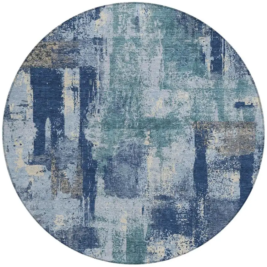 8' Navy Blue And Ivory Round Abstract Washable Indoor Outdoor Area Rug Photo 6