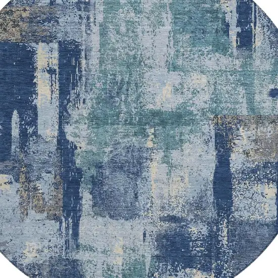 8' Navy Blue And Ivory Round Abstract Washable Indoor Outdoor Area Rug Photo 5
