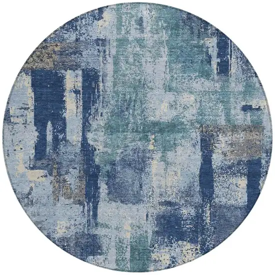8' Navy Blue And Ivory Round Abstract Washable Indoor Outdoor Area Rug Photo 4