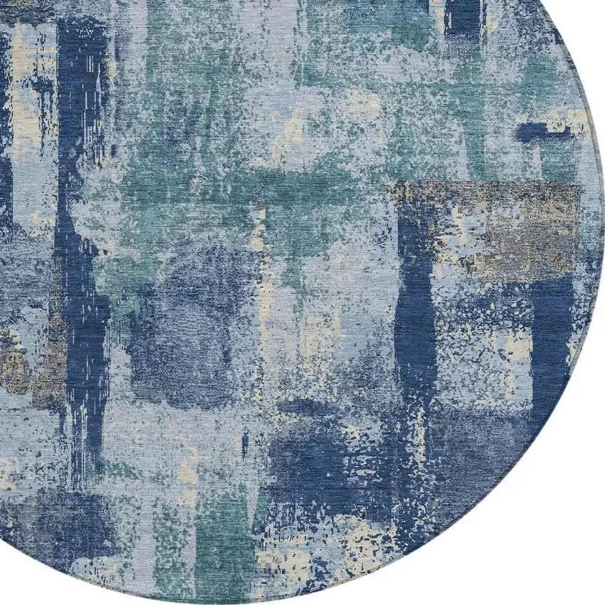 8' Navy Blue And Ivory Round Abstract Washable Indoor Outdoor Area Rug Photo 3