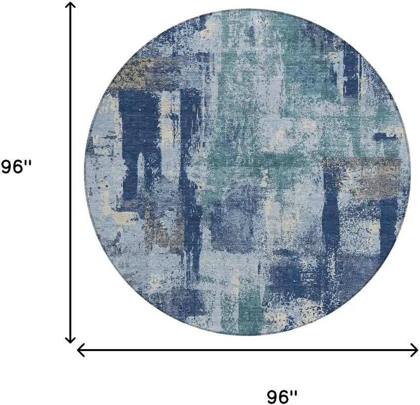 8' Navy Blue And Ivory Round Abstract Washable Indoor Outdoor Area Rug Photo 9