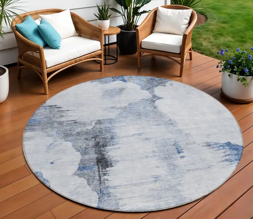 8' Navy Blue And Ivory Round Abstract Washable Indoor Outdoor Area Rug Photo 1